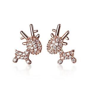 Rose Gold Plated Rhinestone Reindeer Earring Pair